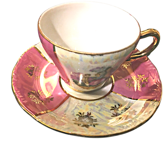 Lusterware | Pink & Pearl Polka miniature | Fragonard Lovers, golden filigree flowers and finishing touches