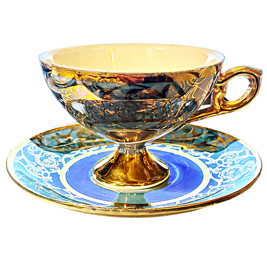 Lusterware | Olive Green | Pedestal Footed Mocha Cup with Golden Flower & Vine Decoration Around the Rim