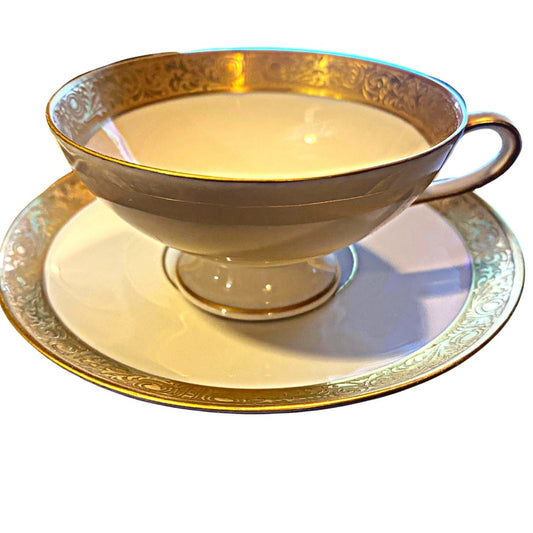 Bavarian | white & gold bowl shaped | Gold relief rim | Miniature teacup and saucer - Chinamania.shop
