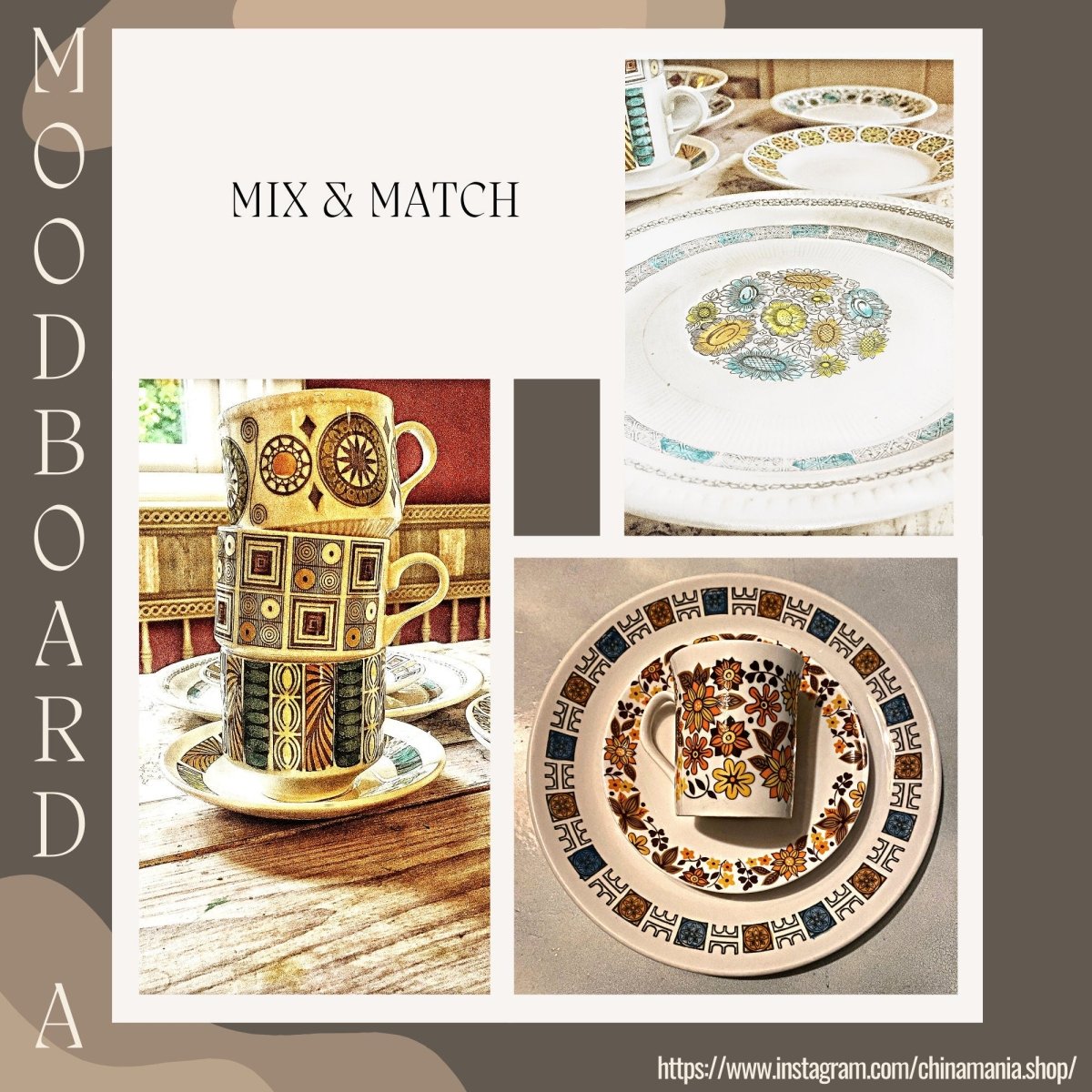Broadhurst | Mardi Gras | Kathie Winkle | Retro MisMatched Mosaic Tableware, Vintage Cups & Saucers - Chinamania.shop