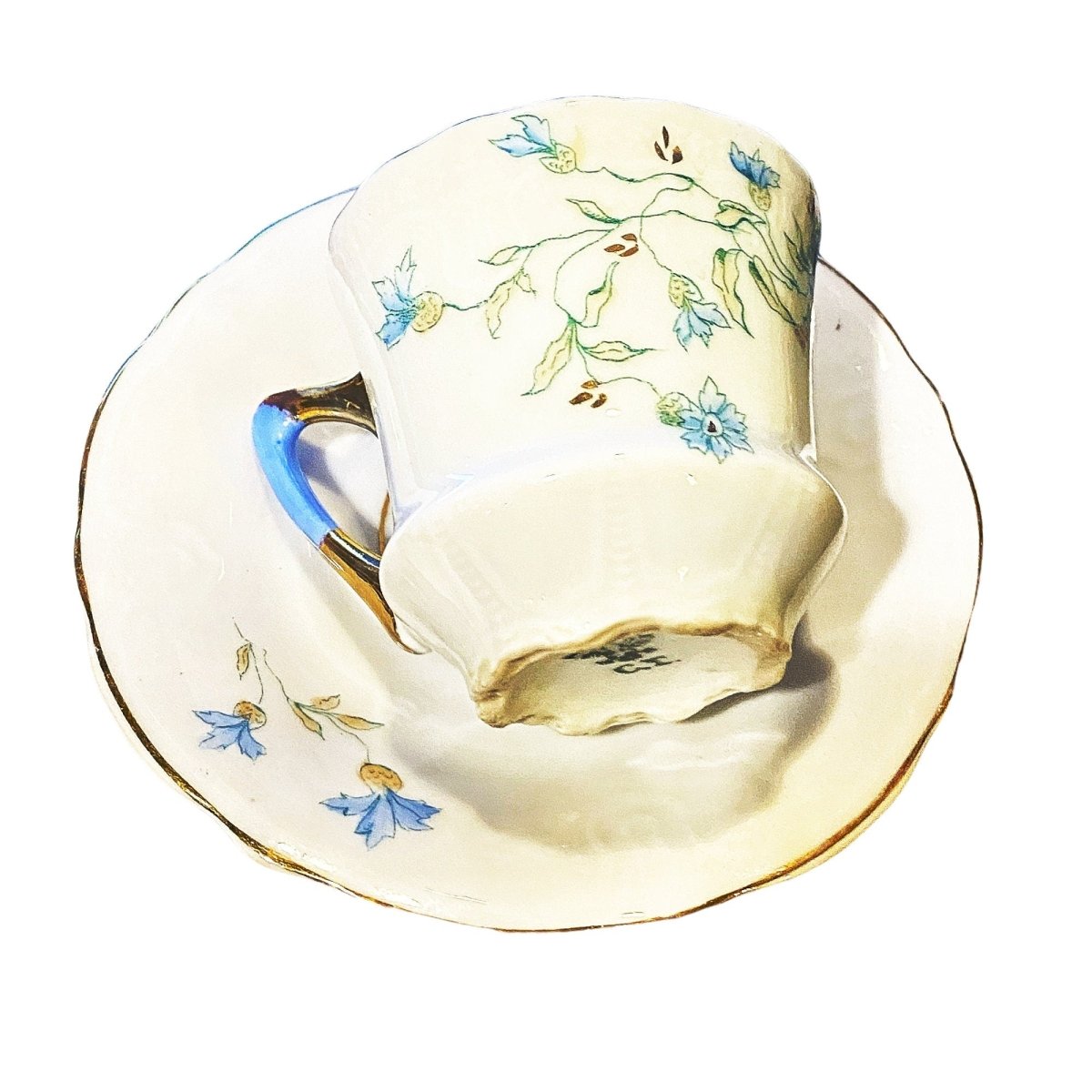 Carl Tielsch | Art Nouveau/Deco | Turquoise floral Tea Cup & Saucer with gold rim, and blue banded handle c. 1875-95, Silesia Germany (Poland) - Chinamania.shop
