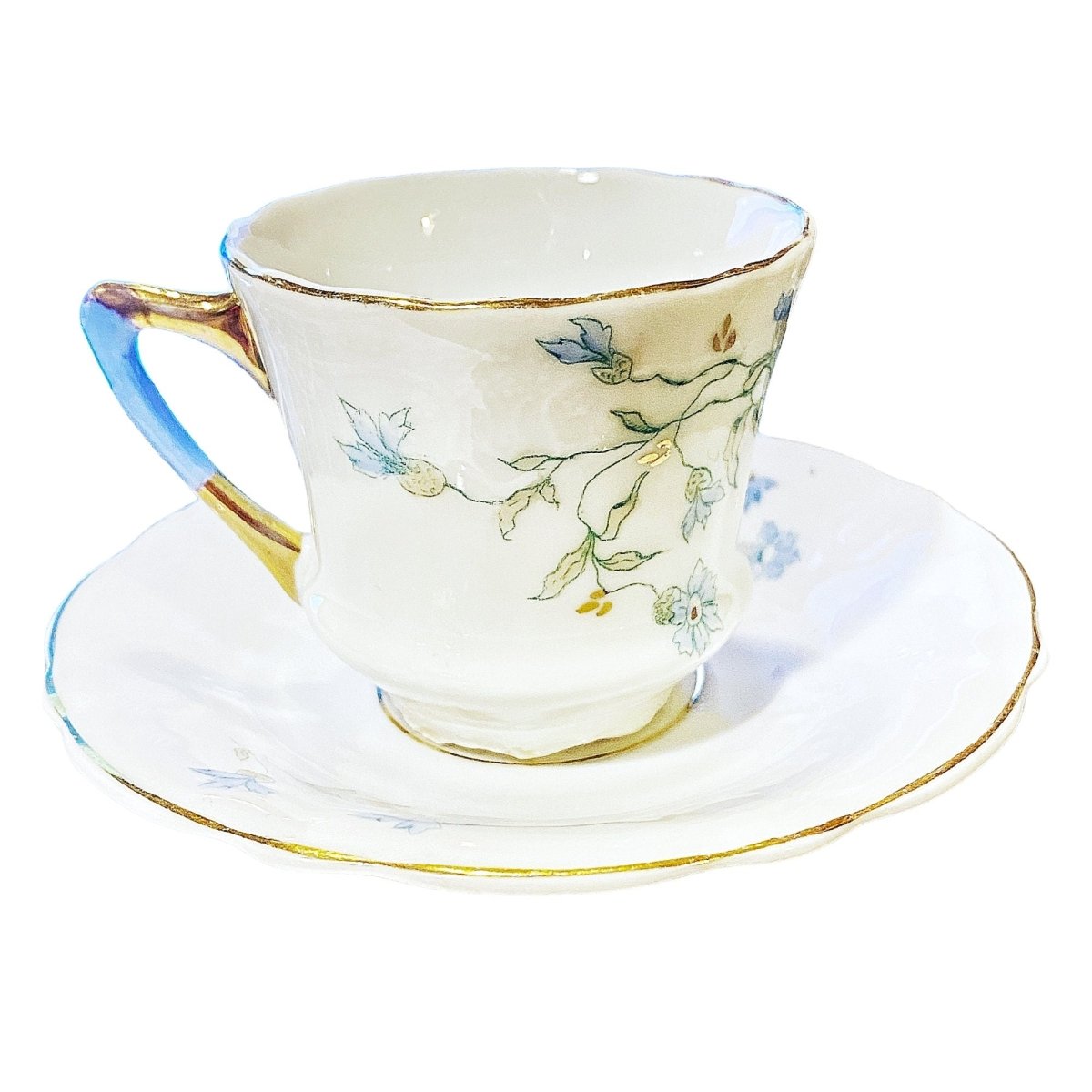 Carl Tielsch | Art Nouveau/Deco | Turquoise floral Tea Cup & Saucer with gold rim, and blue banded handle c. 1875-95, Silesia Germany (Poland) - Chinamania.shop
