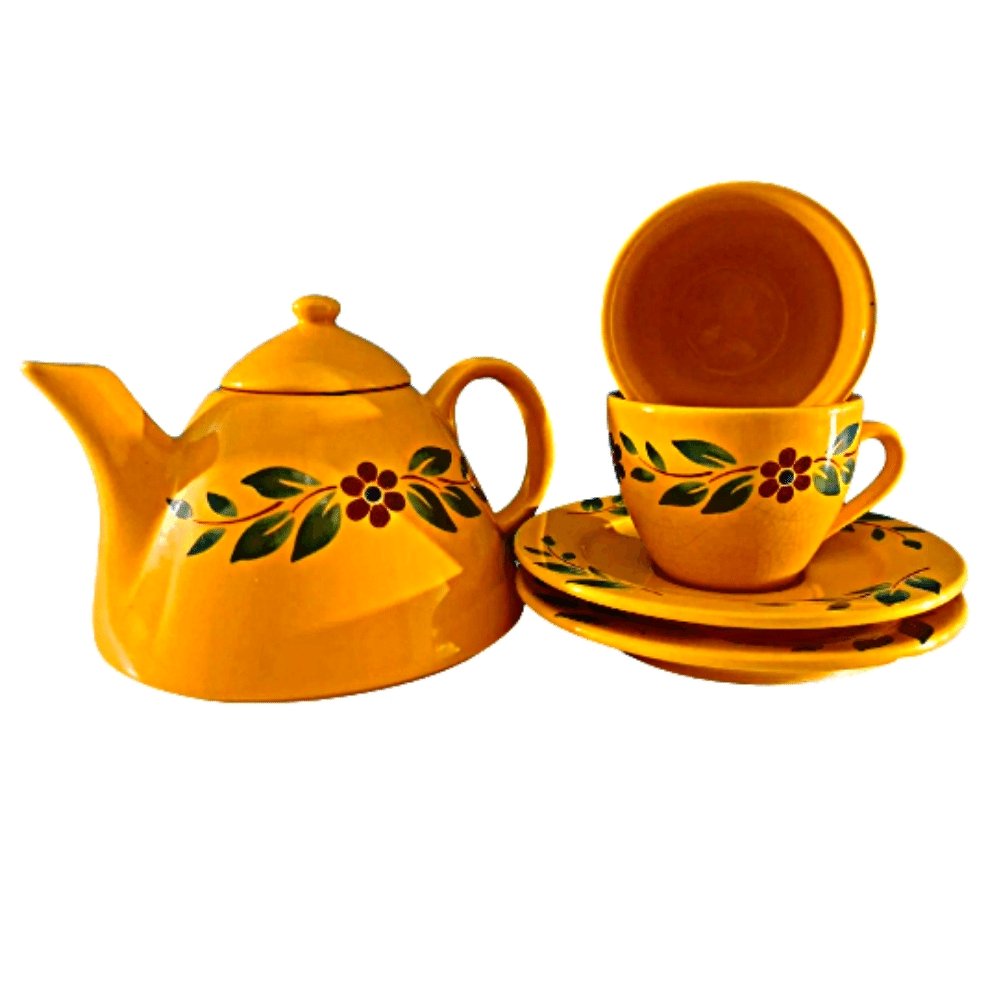 明亮复古Christineholm 茶具|向日葵黄色 |勃艮第花 |带两个杯子和碟子的瑞典茶壶