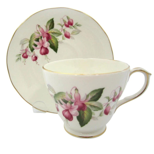 Vintage Duchess Fuschia teacup & saucer, Delicate pink buds on a crisp white background, English demitasse duo - Chinamania.shop