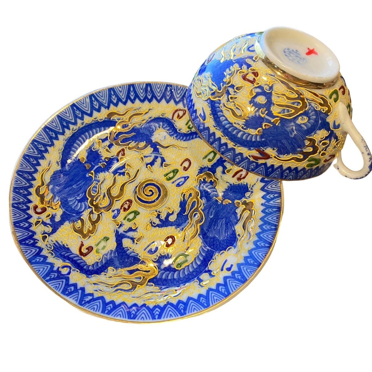 Eggshell Porcelain | Bright blue & Gold Leaf Dragonware | Teacup and Saucer | Japanese Moriage in Yellow c.1940s - Chinamania.shop