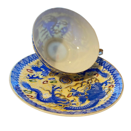 Eggshell Porcelain | Bright blue & Gold Leaf Dragonware | Teacup and Saucer | Japanese Moriage in Yellow c.1940s - Chinamania.shop