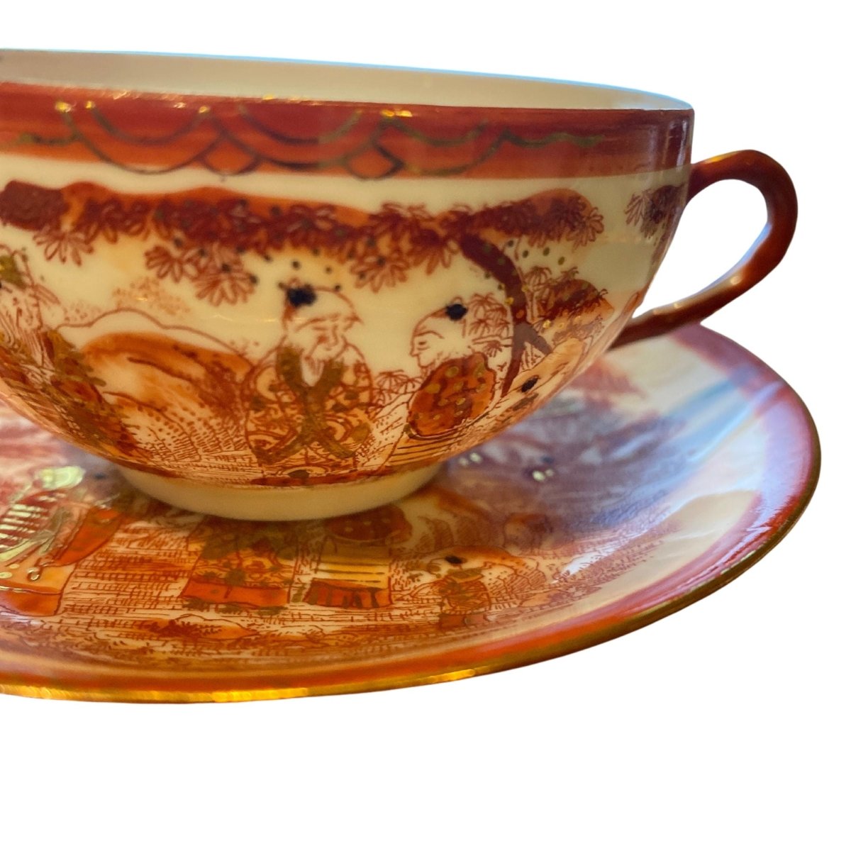Eggshell Porcelain | Garland Geisha Lithophane | Teacup Trio in red and gold | Japanese c. 1940 - Chinamania.shop