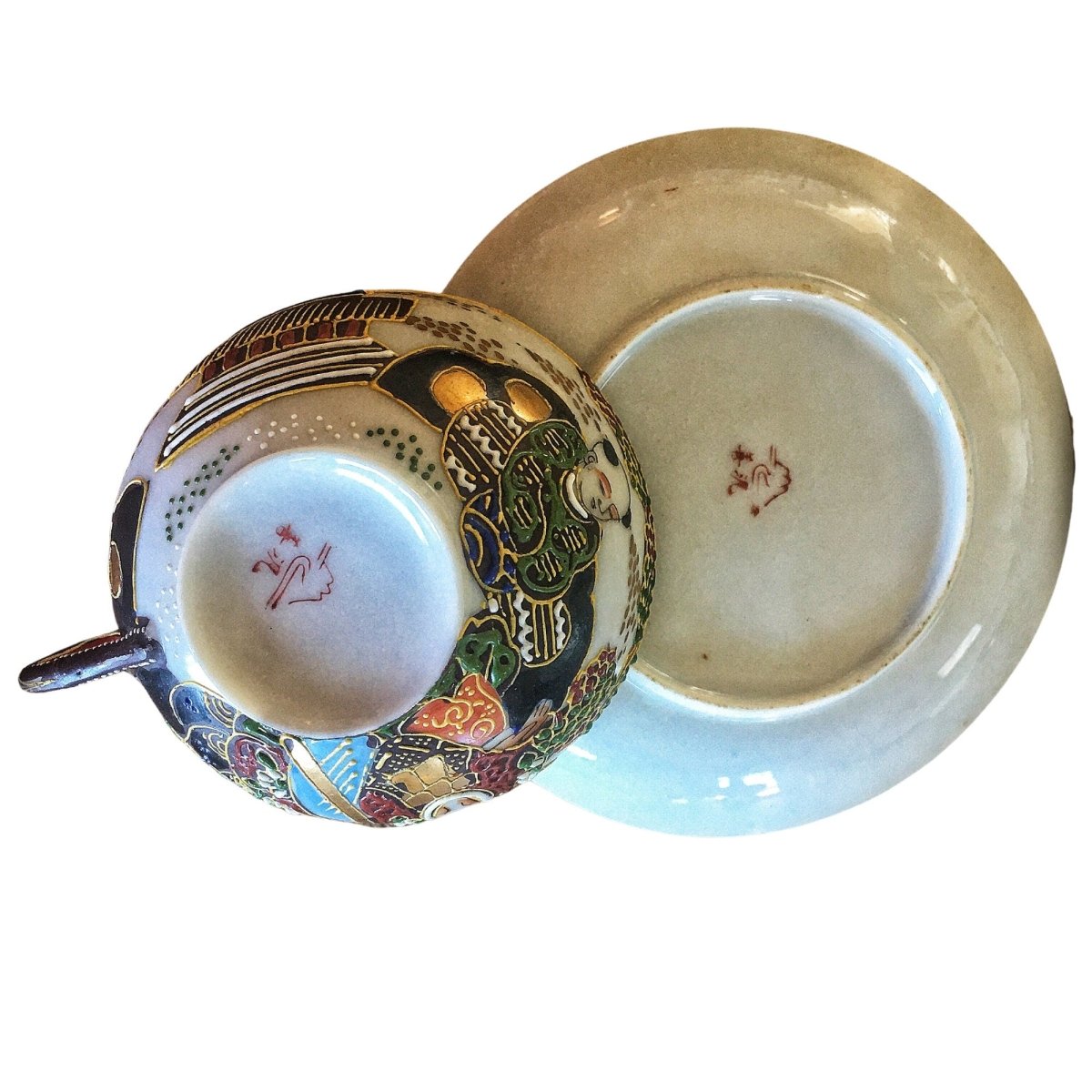 Vintage Kutani Japanese Teacup & Saucer with Moriage and gold leaf on Eggshell Porcelain, c. 1920 - Chinamania.shop