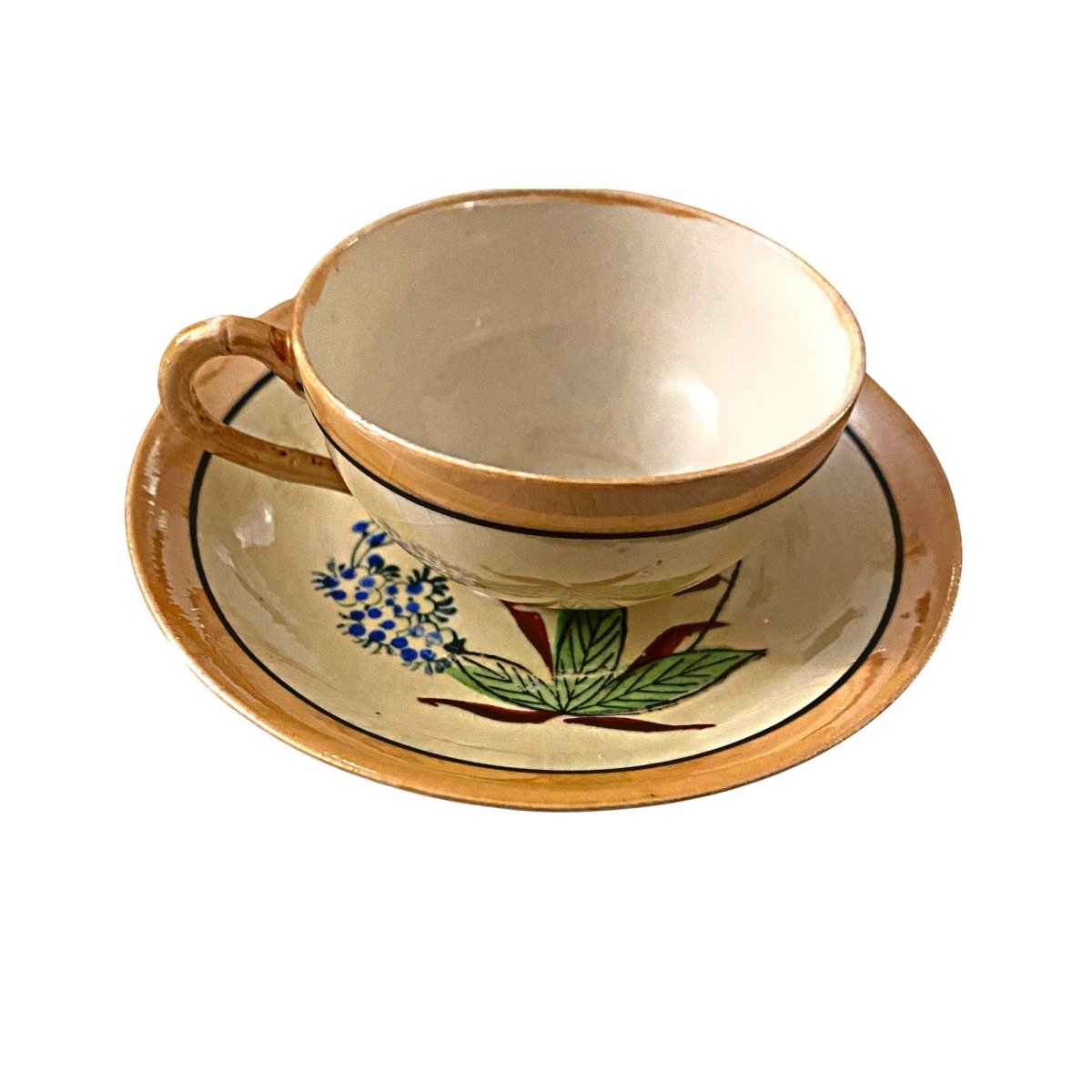 Lustrous Japanese Eggshell Porcelain Nouveau/Deco Style Mocha Cup & Saucer, in peach with bluebird motif - Chinamania.shop