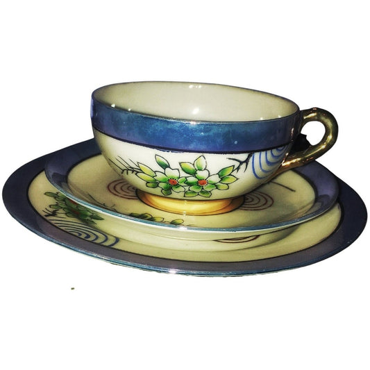 Eggshell Porcelain | Art Nouveau/Deco | Japanese Cup & Saucer c.1910 | Traditional Lusterware Cornflower Blue and Peach - Chinamania.shop