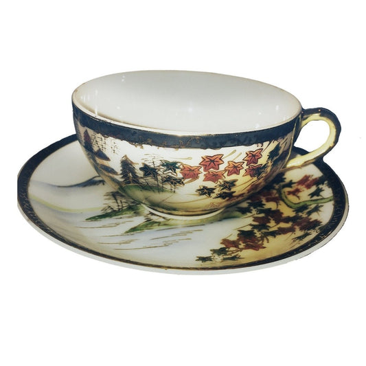 Smooth Vintage Japanese Maple Tree Teacup & Saucer, est. c. 1940s with Gold Rim and Handle made from Eggshell Porcelain, Terra - Chinamania.shop