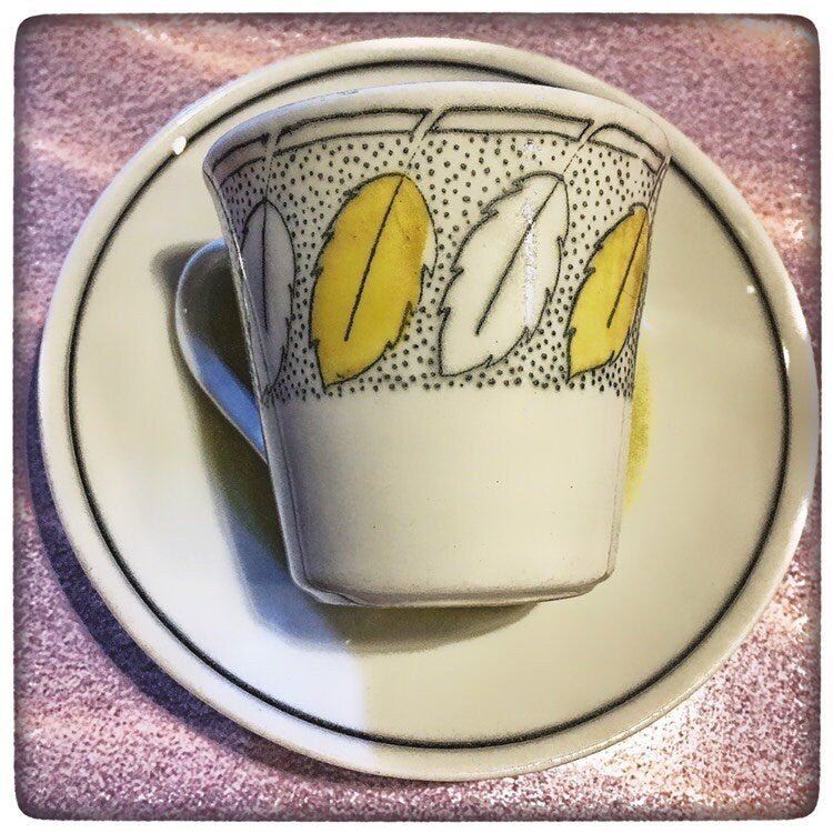 Gefle Blad Gul Retro Illustrated Coffee Cup by Berit Ternell, Model E, 黄色和灰色, Upsala Ekeby