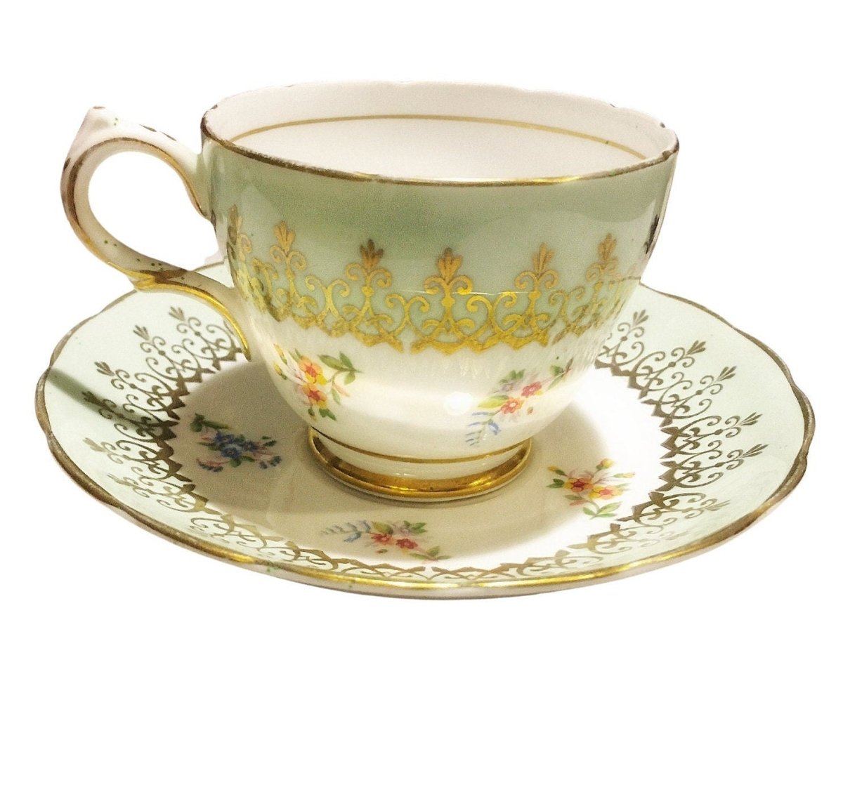 Grosvenor | Pale Mint Green & White English Bone China | Floral demitasse teacup and saucer, with gold overlay c. 1950s - Chinamania.shop