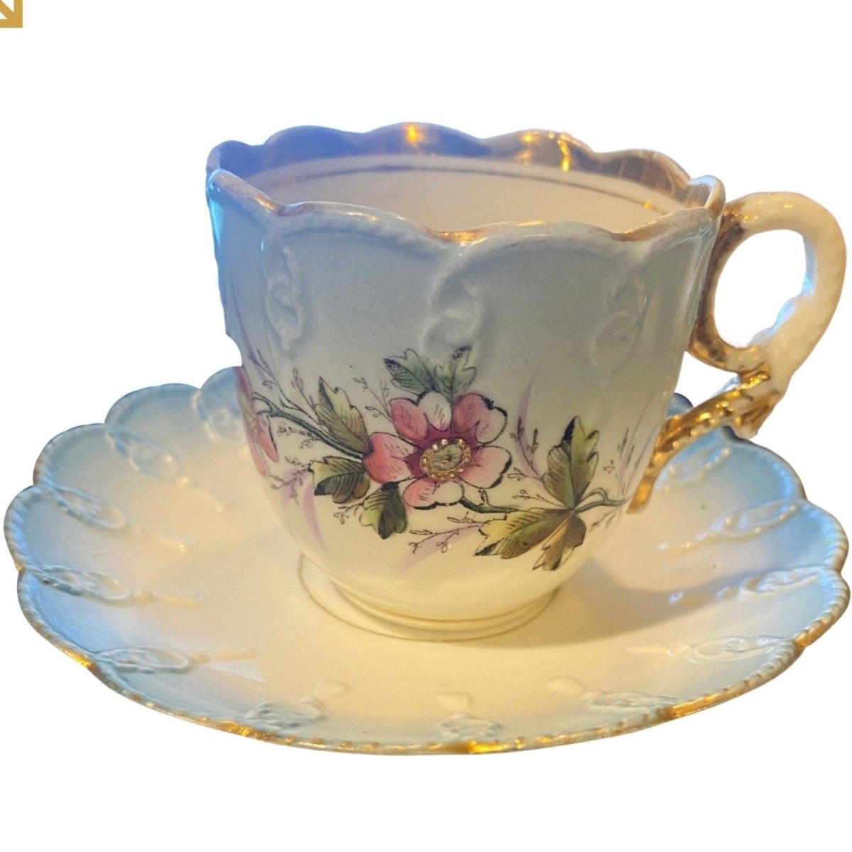 Hand-painted | Antique Art Nouveau / Deco Pink floral | Pale blue | Demitasse Cup & Saucer - Chinamania.shop