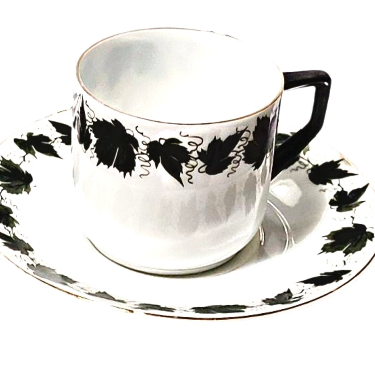 Hermann Ohme | Antique Art Nouveau/Deco | c.1920 Stunning black & white vine leaf Coffee cup, white glaze porcelain Silesia Germany - Chinamania.shop
