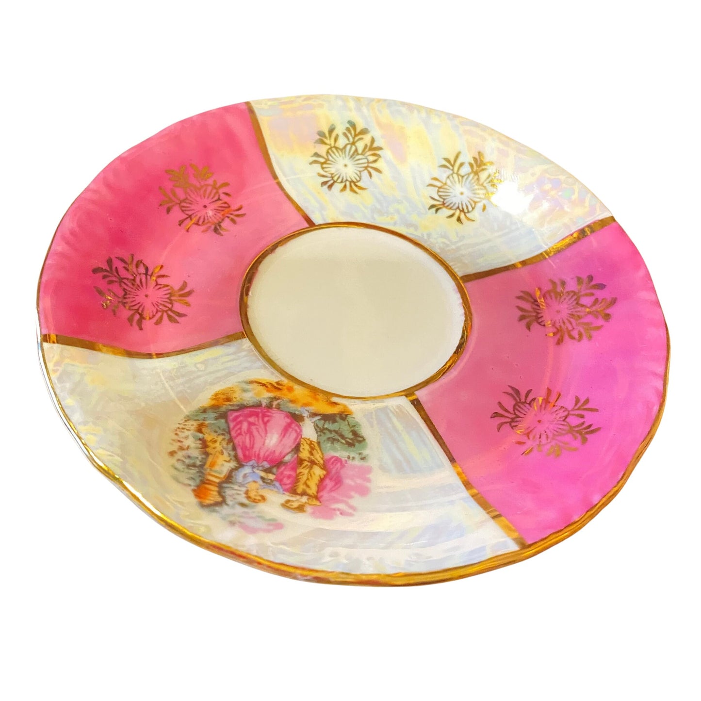 Pink & Pearl Polka Lusterware miniature, with Fragonard Lovers, golden filigree flowers and finishing touches - Chinamania.shop