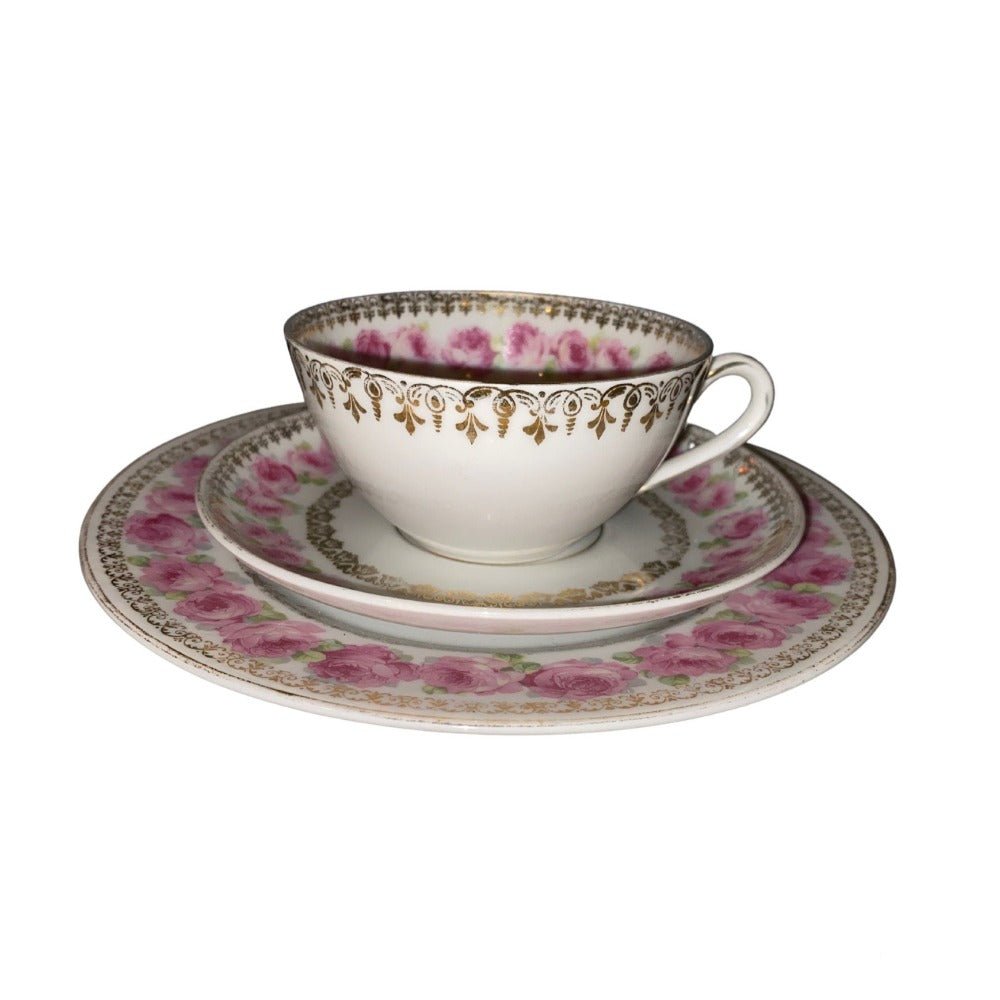 KPM/RSAG | Vintage | Tea trio with gold filigree decor and pink roses, bowl tea cups perfect for a tea party or mix & match sets - Chinamania.shop