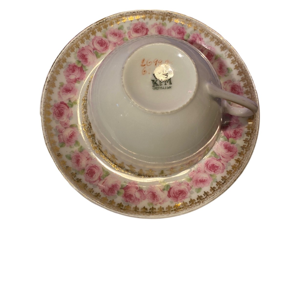KPM/RSAG | Vintage | Tea trio with gold filigree decor and pink roses, bowl tea cups perfect for a tea party or mix & match sets - Chinamania.shop
