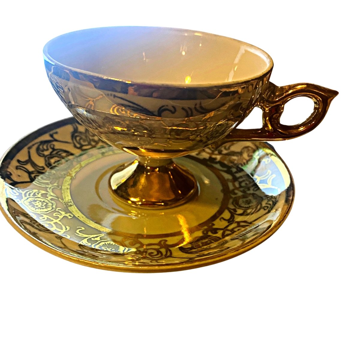 Lusterware | Ivory Pedestal Footed | Mocha Cup w. Golden Flower & Vine Decoration on the Rim - Chinamania.shop