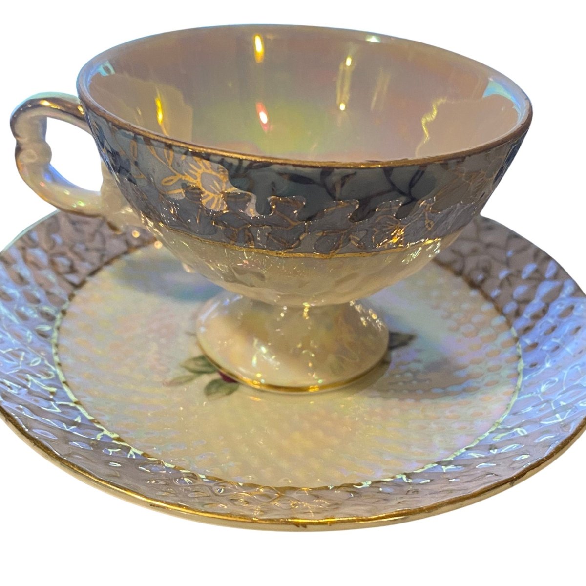 Lusterware | Pale Blue, Pedestal Footed Mocha Cup with Rose Corsage Decoration & Gilded Handle, from Japanese Manufacturer Maruei - Chinamania.shop