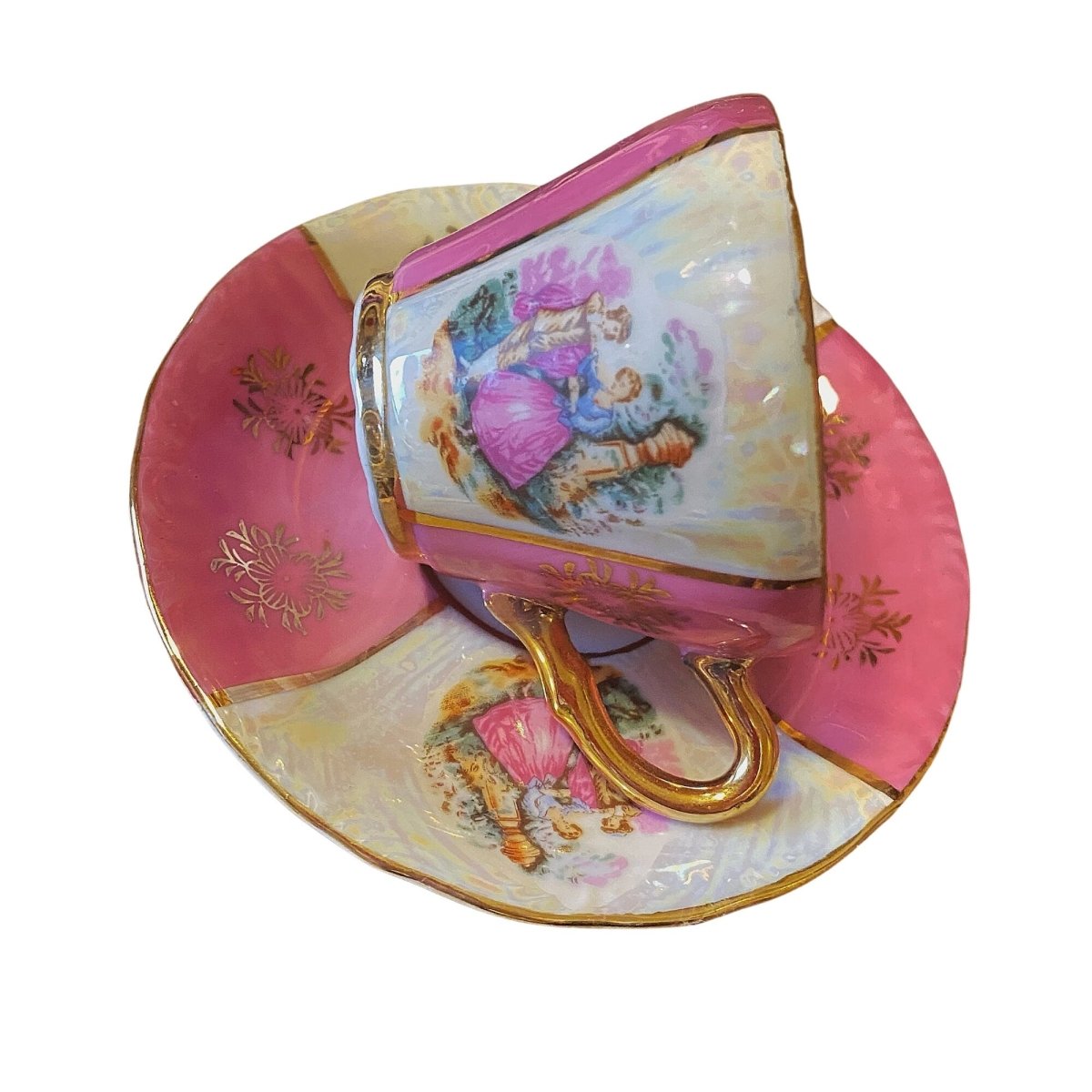 Lusterware | Pink & Pearl Polka miniature | Fragonard Lovers, golden filigree flowers and finishing touches - Chinamania.shop