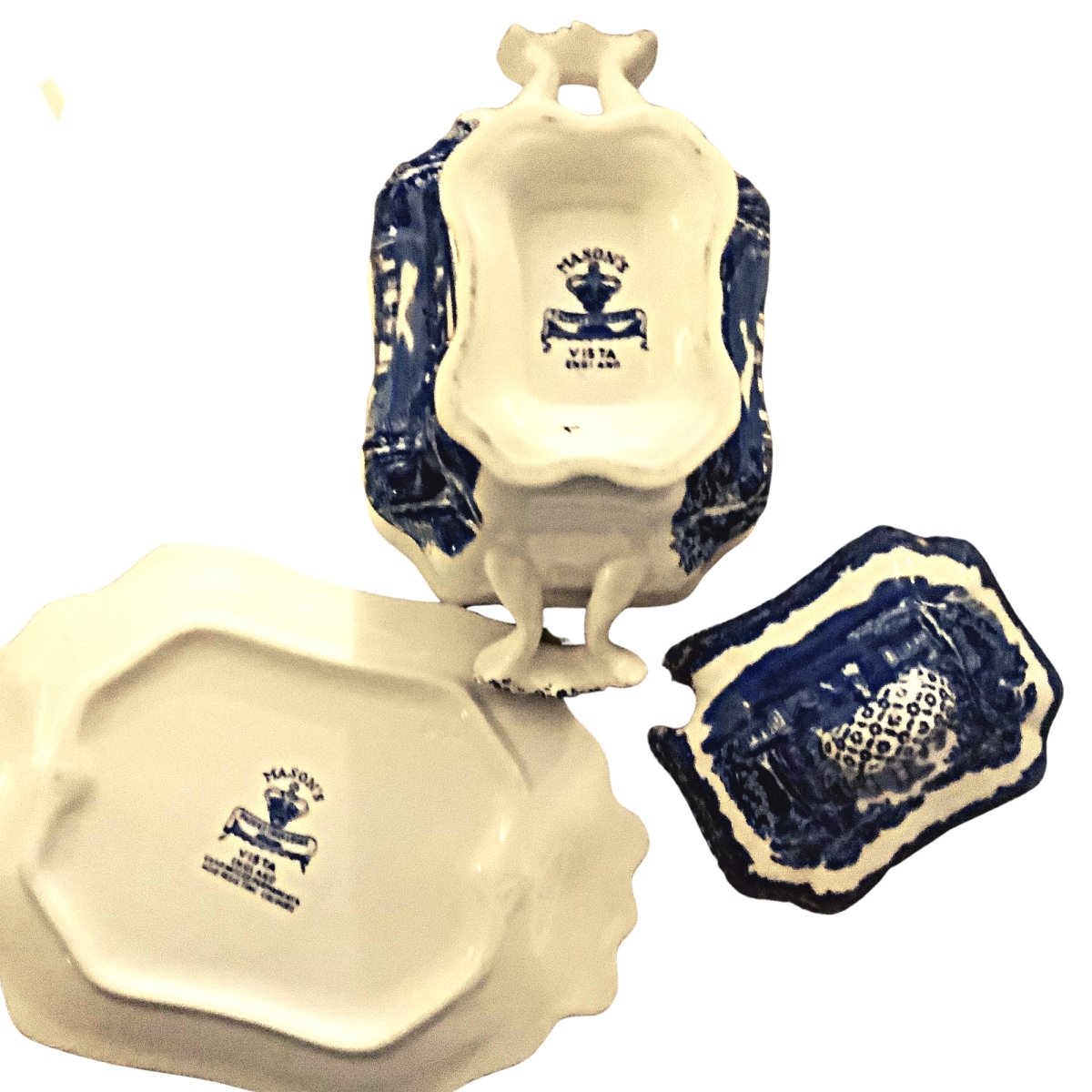 Masons | Vista (blue) | Vintage Bedford Sauce Tureen (small) w. Ladle & Saucer c. 1940 - Chinamania.shop