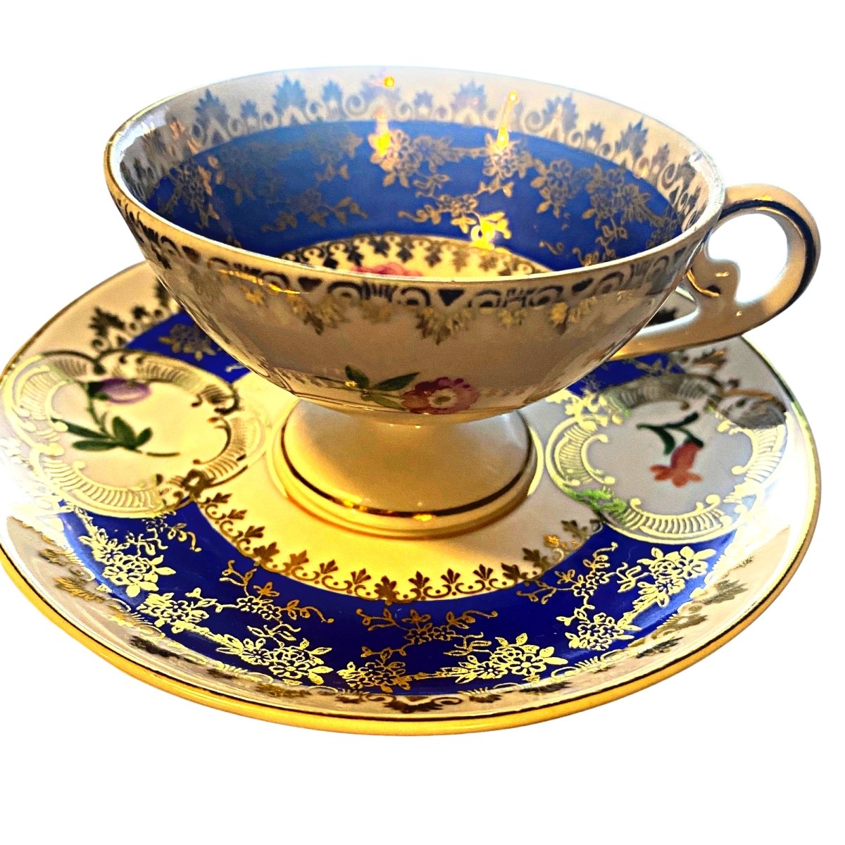 Oscar Schegelmilch | Floral, blue with gold filigree Mocha Cup | Bavarian Miniature c.1950 - Chinamania.shop