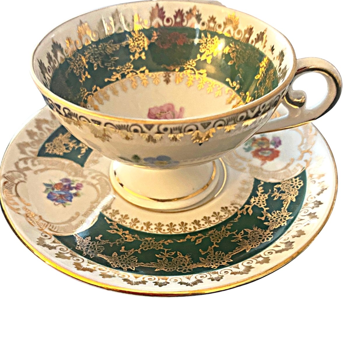 Oscar Schegelmilch | Floral, Green with gold filigree Mocha Cup | Bavarian Miniature c.1950 - Chinamania.shop