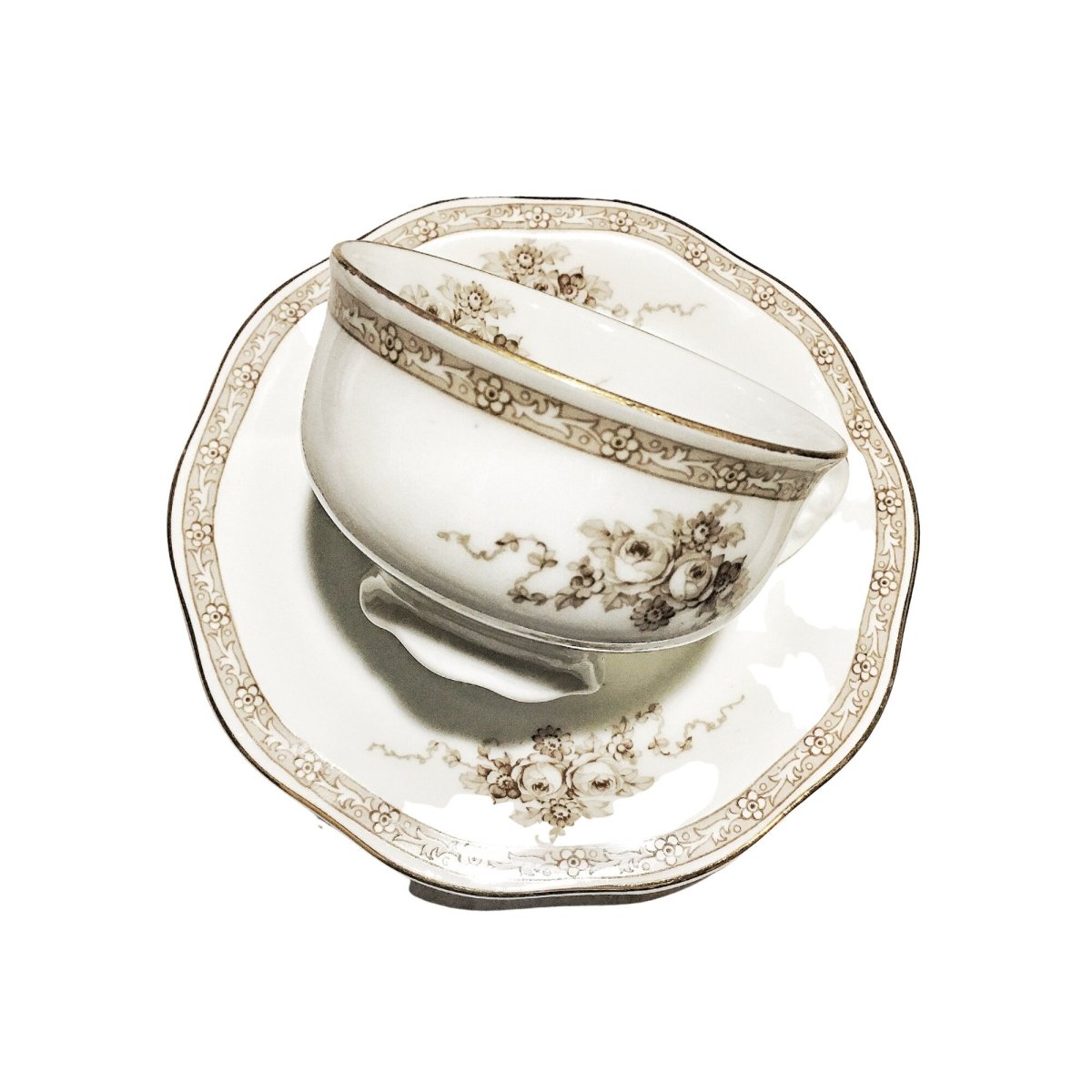 Pirkenhammer Antique | Bohemian Floral Cup & Saucer | Czechslovakia | Muted Brown Florilla and Gold Trim, Perfect for a tea party - Chinamania.shop