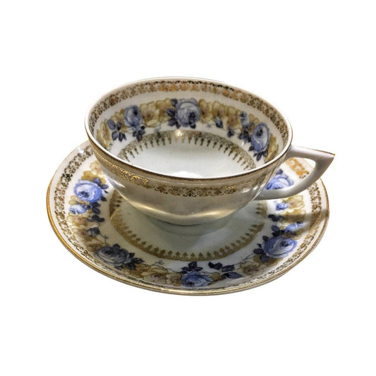 Union K | Vintage | demitasse duo with gold filigree decor surrounding pale yellow and blue roses, bowl tea cups - Chinamania.shop